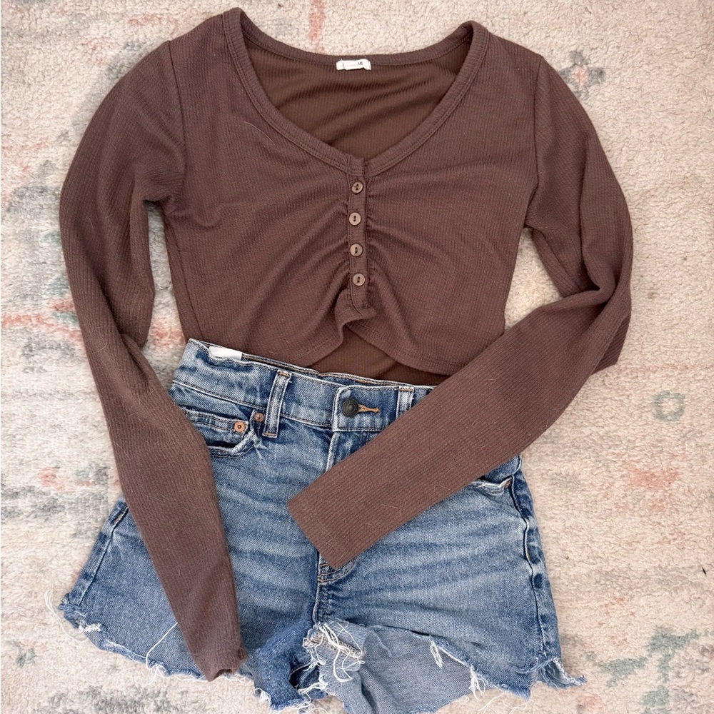 Garage Chocolate Button-Up Long Sleeve Top